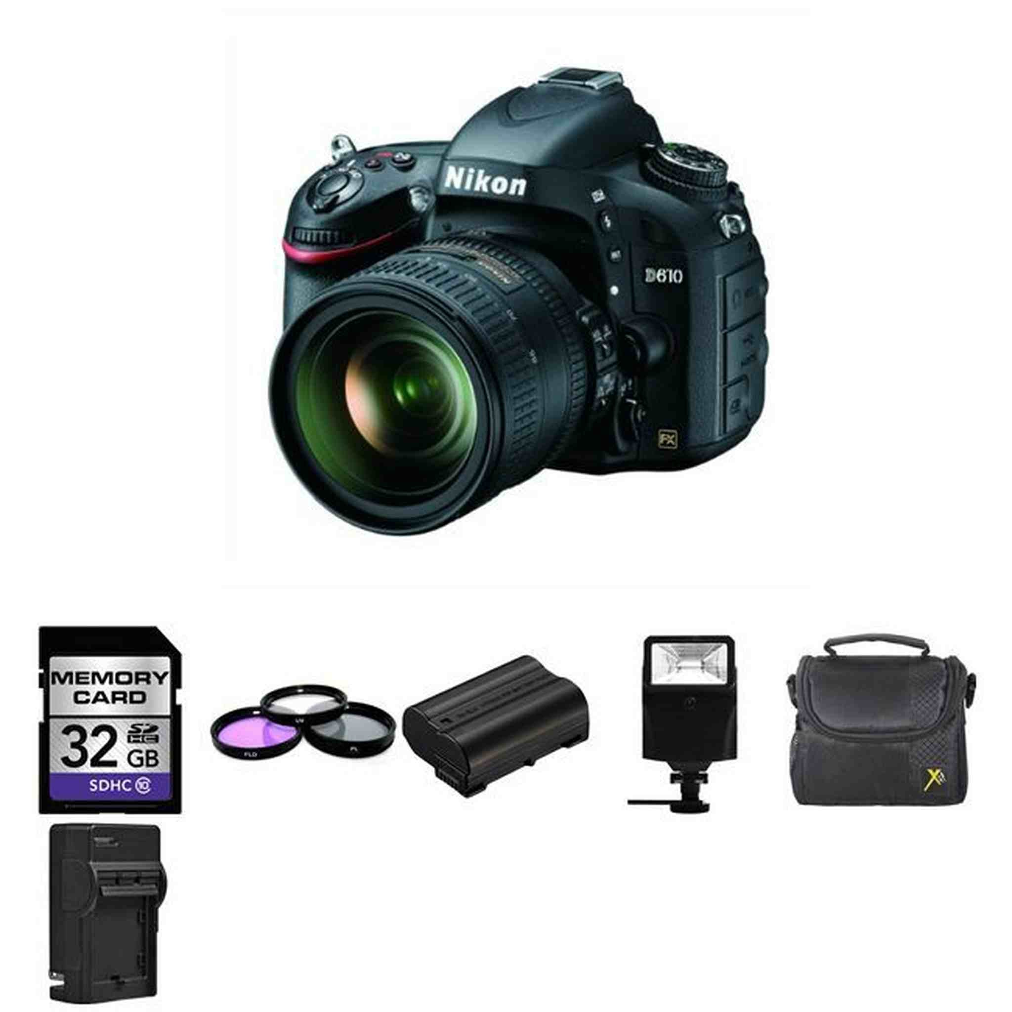 Nikon D610 Digital SLR Camera w/24-85mm + 2 Batteries, 32GB, Flash Starter Bundle Nikon