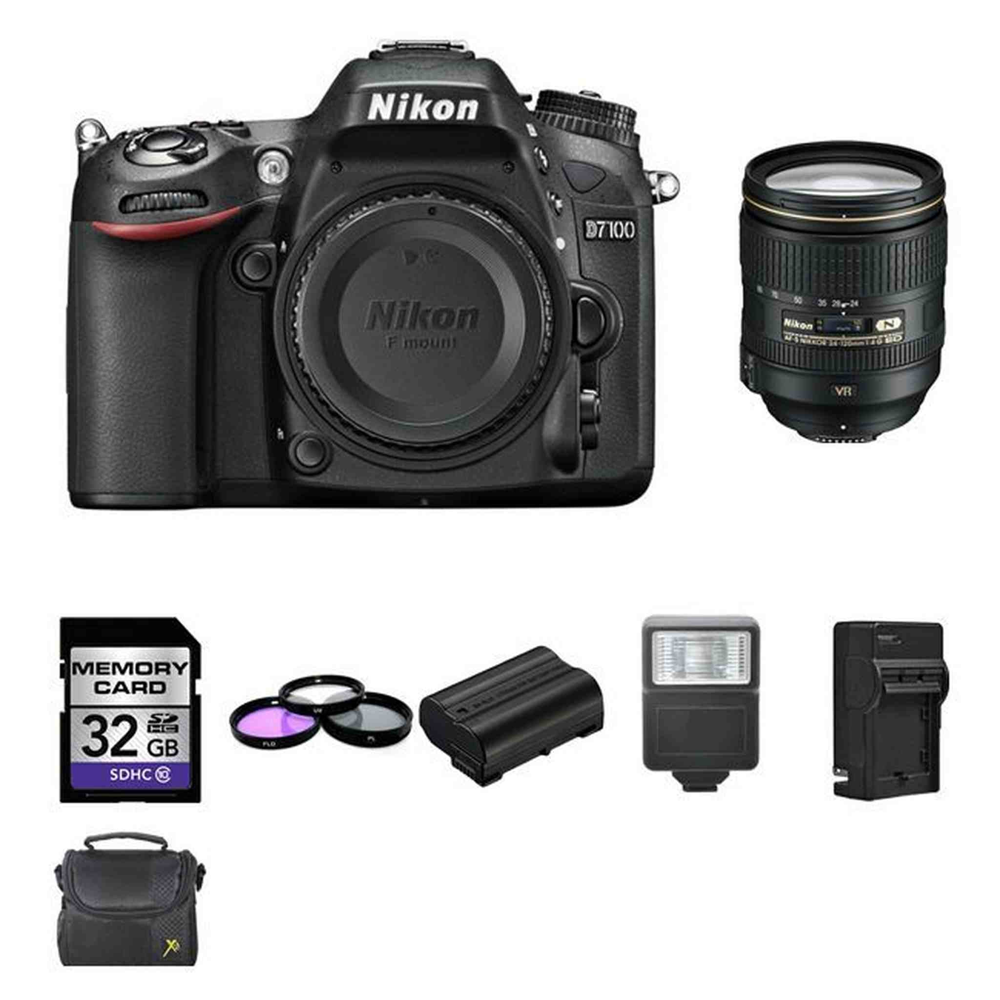 Nikon D7100 DSLR Camera w/24-120mm Lens + 2 Batteries, 32GB, Flash Bundle Nikon