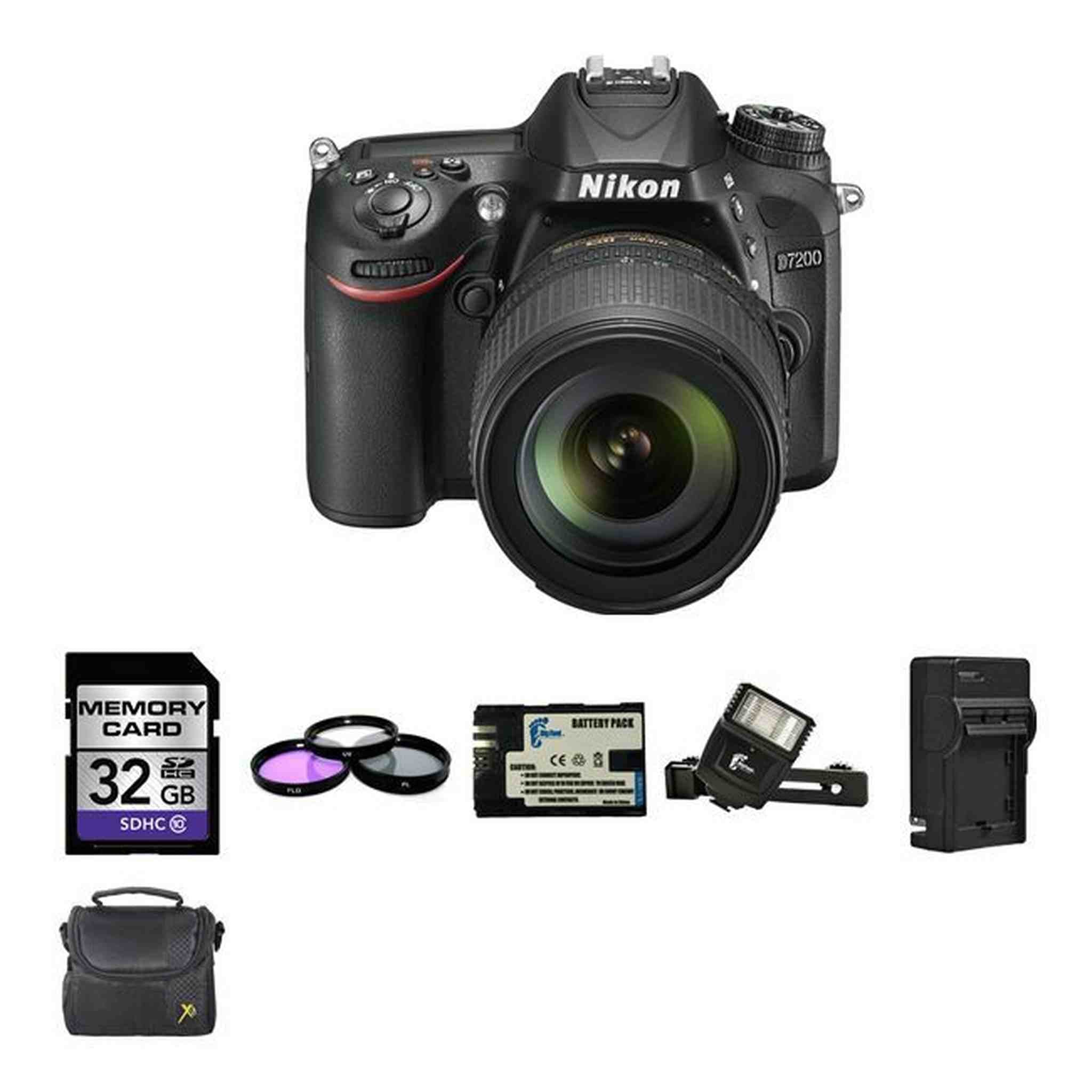 Nikon D7200 DSLR Camera w/18-105mm Lens + 2 Batteries, 32GB, Flash Bundle Nikon