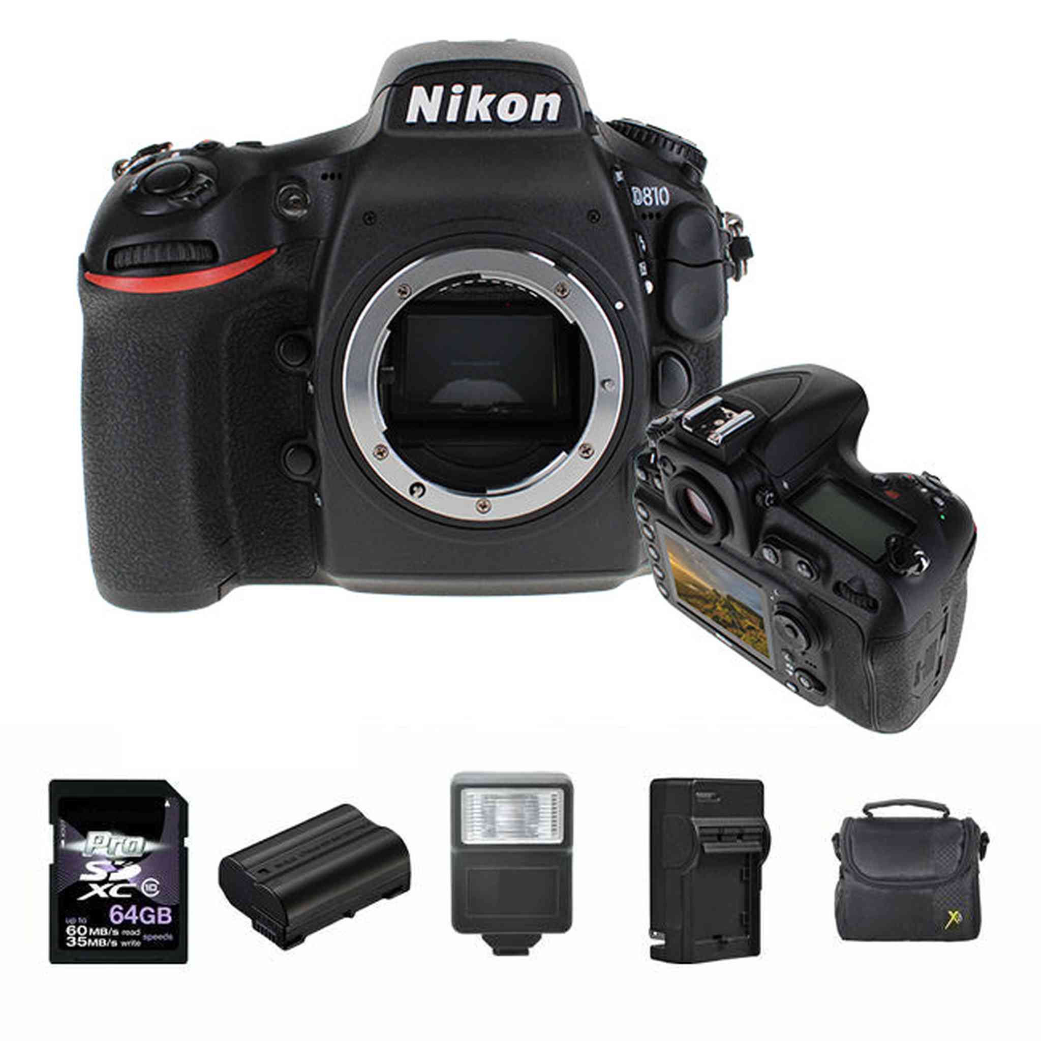 Nikon D810 DSLR Camera + 2 Batteries, 64GB, Flash Bundle Nikon