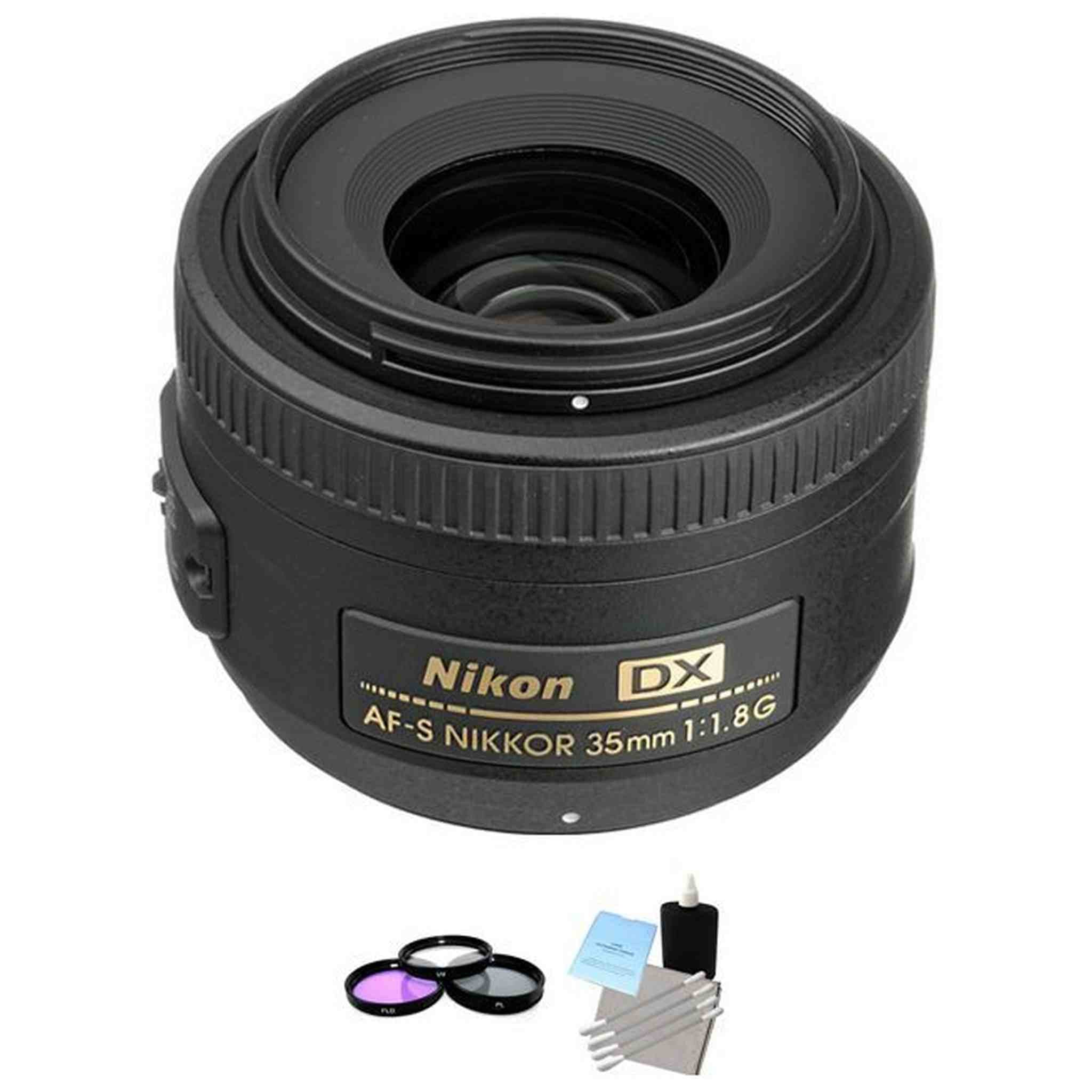 Nikon AF-S Nikkor 35mm f/1.8G DX Lens + 3 Piece Filter Kit & Cleaning Kit Bundle Nikon