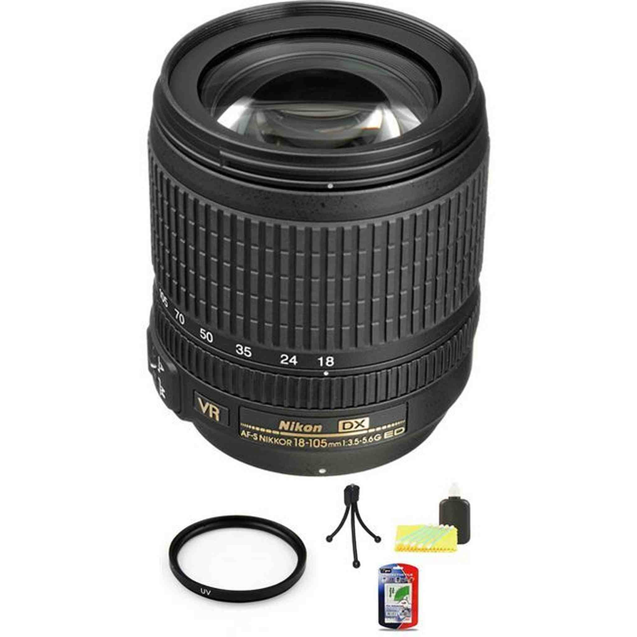 Nikon Nikkor 18-105mm F/3.5-5.6 AF-S VR DX G ED Lens + UV & Cleaning Kit Base Bundle Nikon