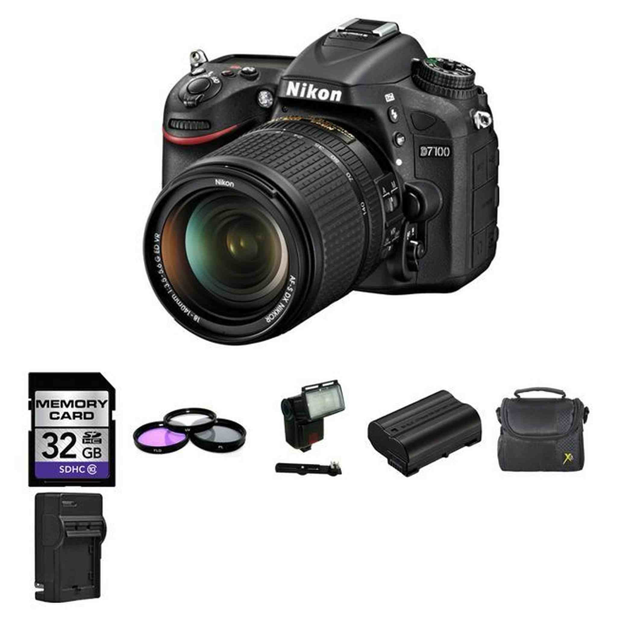 Nikon D7100 DSLR Camera w/18-140mm VR DX Lens + 2 Batteries, 32GB, Flash Bundle Nikon