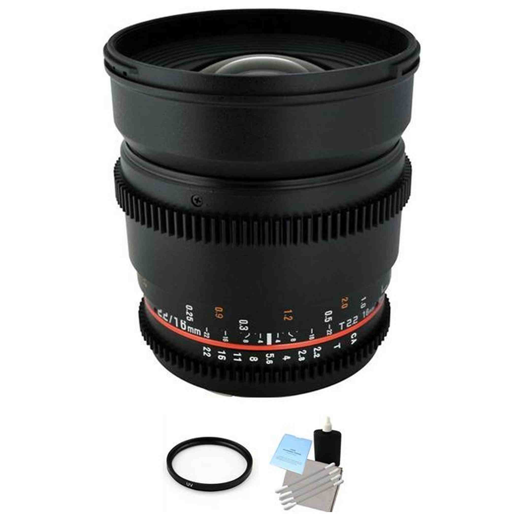 Rokinon 16mm T2.2 Cine Lens for Nikon F + UV Filter & Cleaning Kit Bundle Rokinon