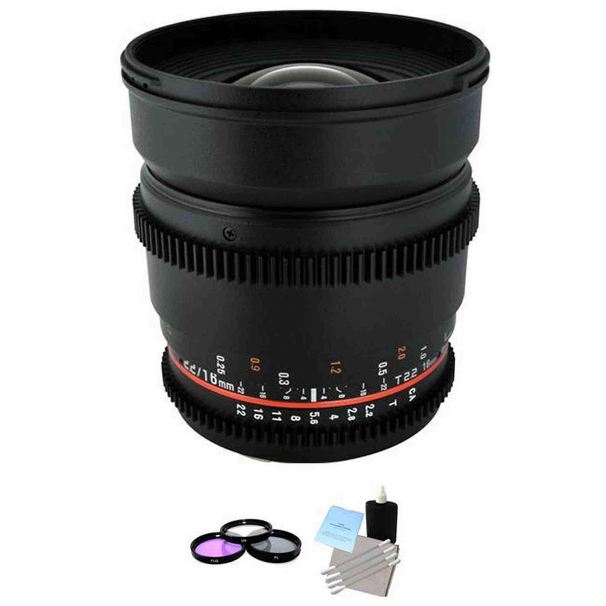 Rokinon 16mm T2.2 Cine Lens for Nikon F + UV Kit & Cleaning Kit Bundle Rokinon