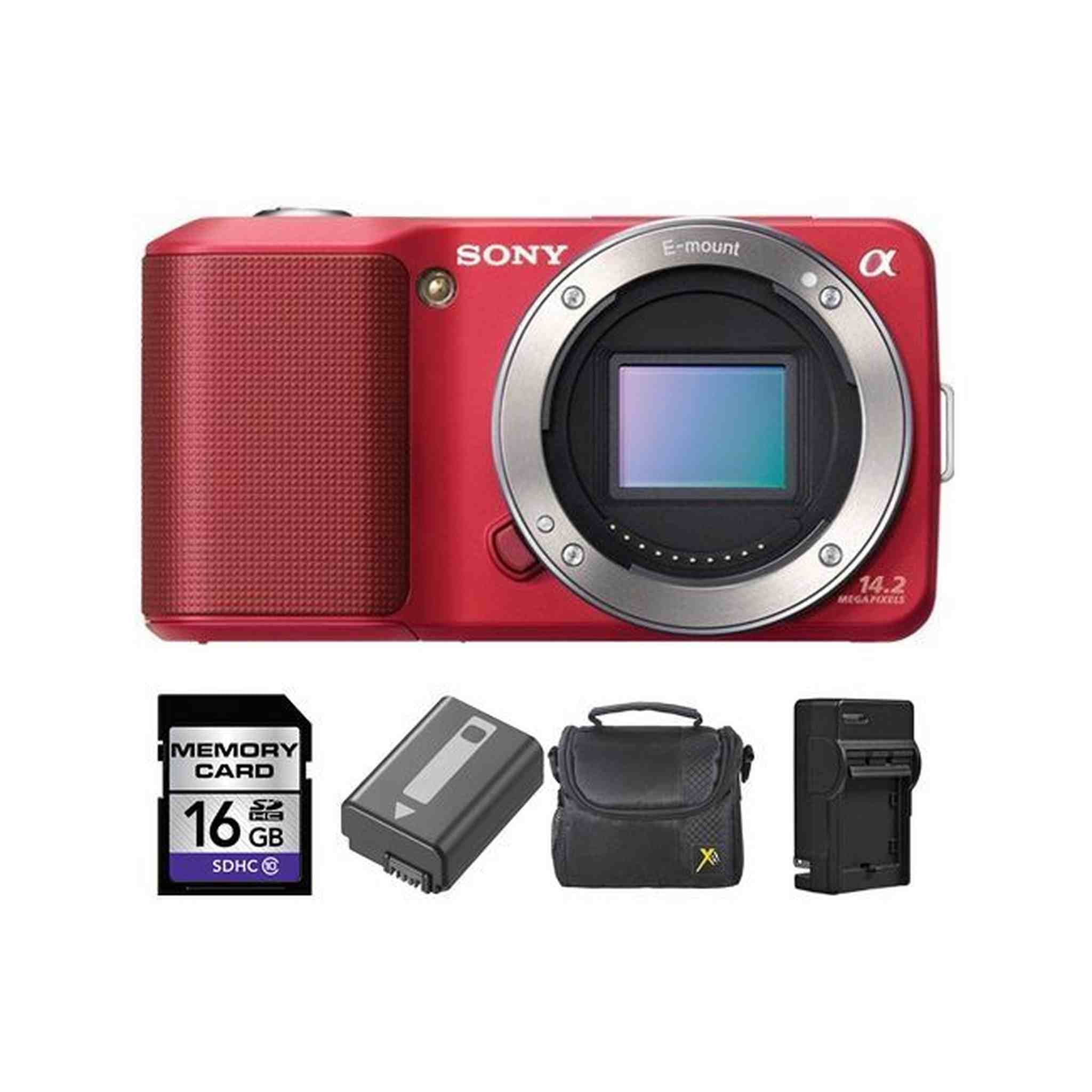 Sony NEX-3 Digital Camera - Red Body + 2 Batteries, 16GB Bundle Sony