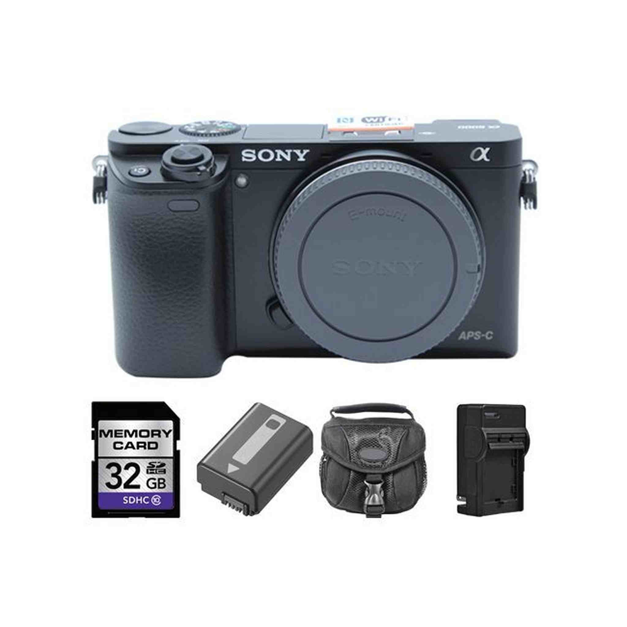 Sony A6000 Mirrorless Digital Camera Body - Black + 2 Batteries, 32GB Bundle Sony