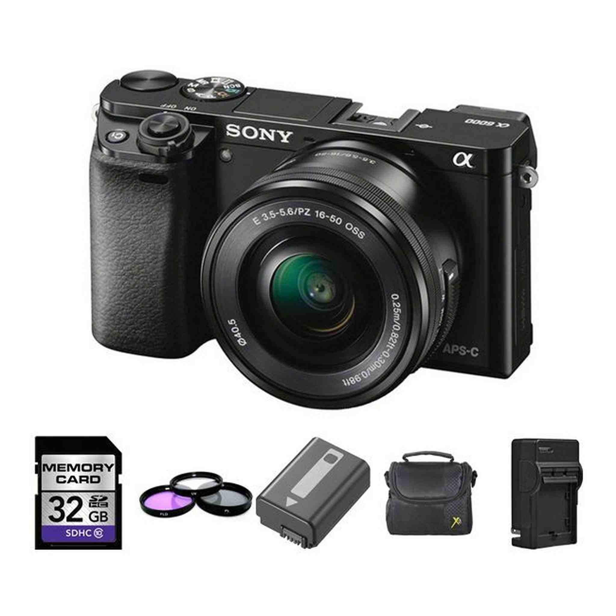 Sony A6000 Digital Camera w/16-50mm Lens - Black + 2 Batteries, 32GB Bundle Sony