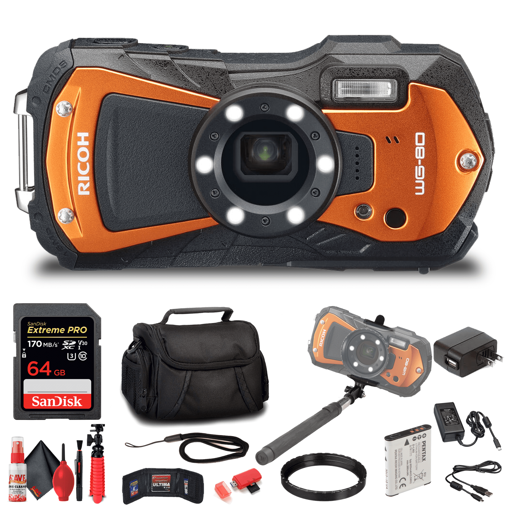 Ricoh WG-80 Waterproof Digital Camera Orange with Accessories Ricoh