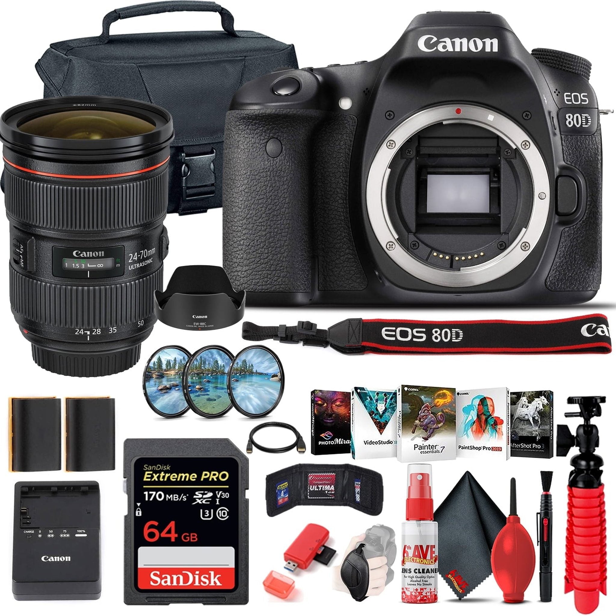 Canon EOS 80D DSLR Camera Body Only 1263C004 + Canon EF 24-70mm Lens + 64GB Advanced Bundle Canon