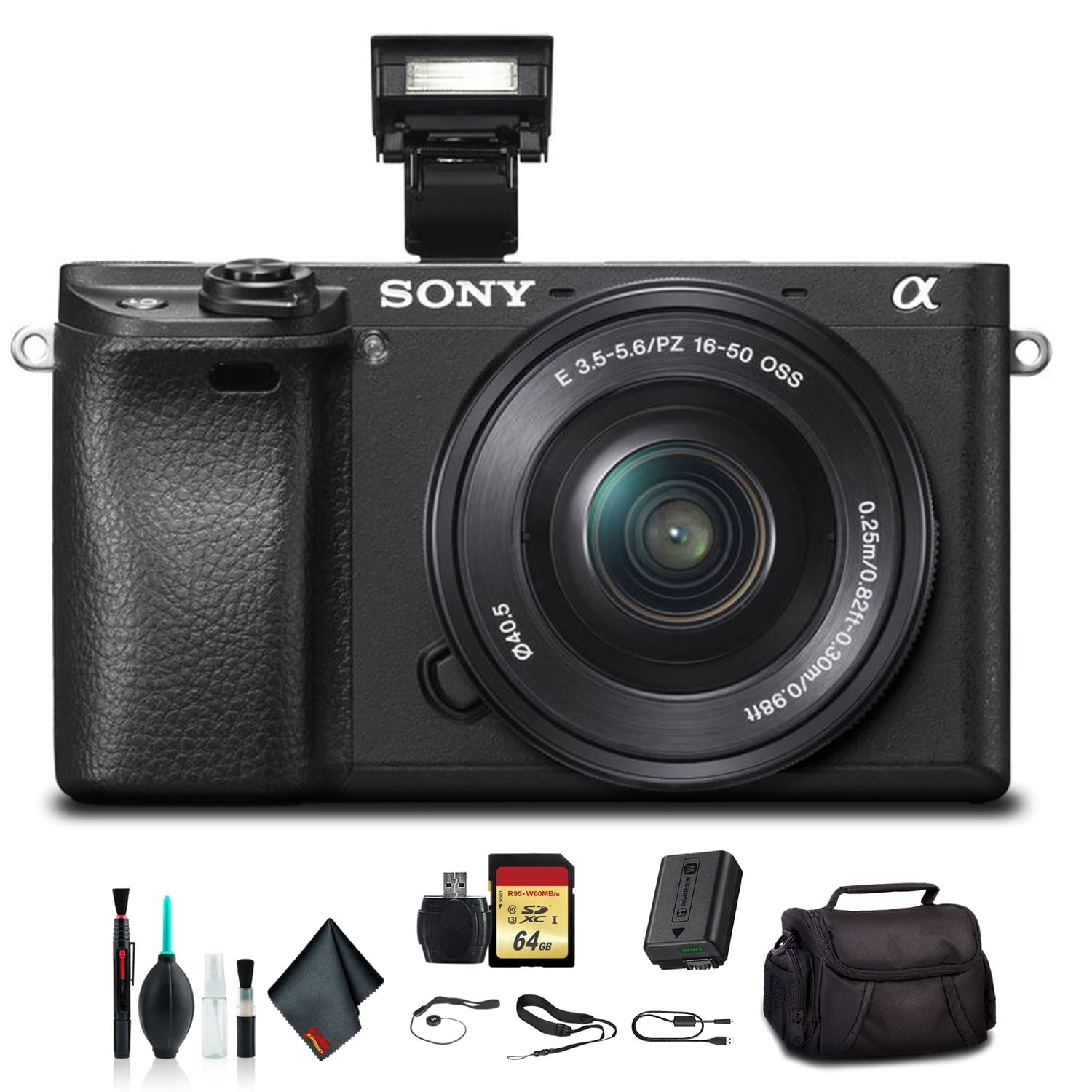 Sony Alpha a6300 Mirrorless Camera with 16-50mm Lens Black ILCE6300L/B With Soft Bag, 64GB Memory Card, Card Reader , Plus Essential Accessories Sony