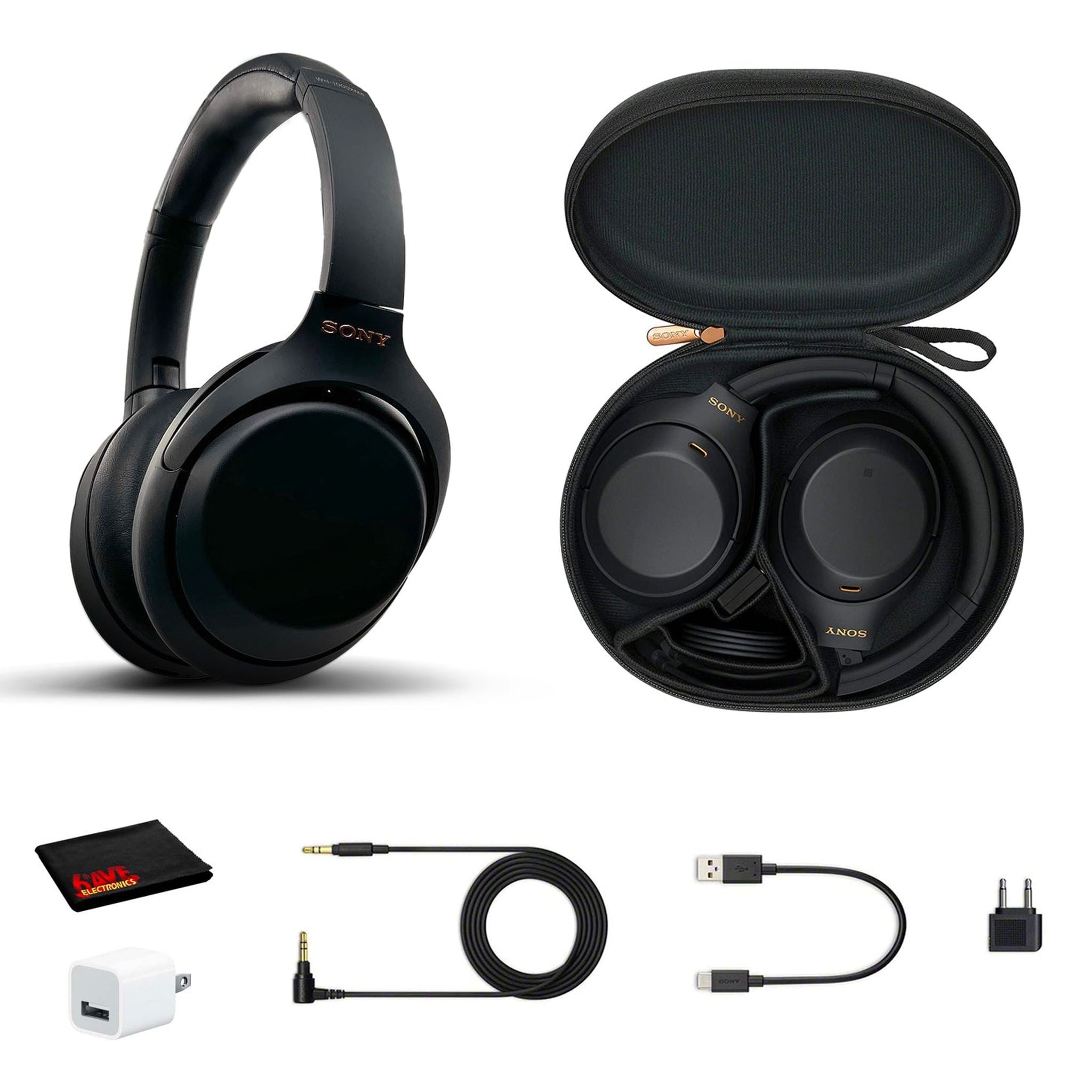 Sony WH-1000XM4 Wireless Noise Canceling Overhead Headphones with Mic for Phone-Call, Voice Control, With USB Wall Adapter and MicroFiber Cleaning Cloth - Bundle Sony