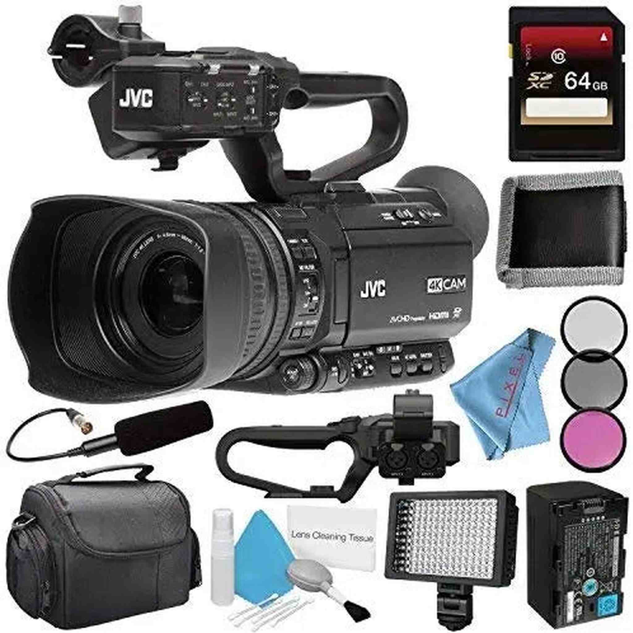 JVC GY-HM250 GY-HM250U UHD 4K Streaming Camcorder + 64GB SDXC Card + 62mm 3 Piece Filter Kit + JVC QAN0067-003 Microphon JVC