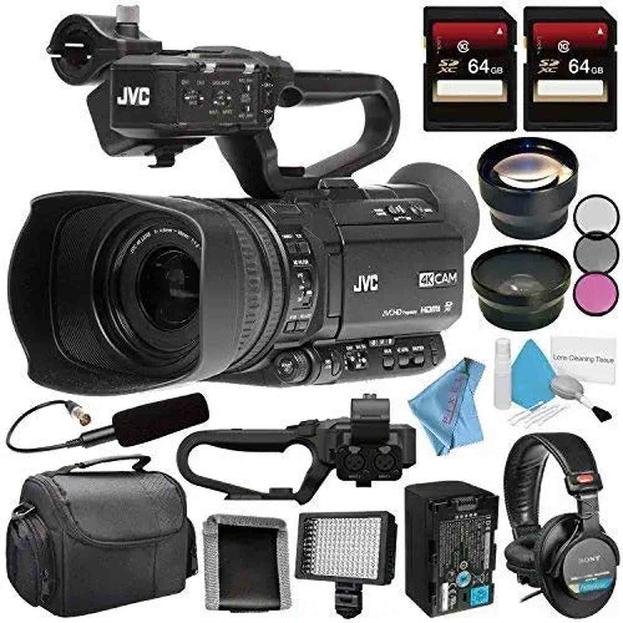 JVC GY-HM250 GY-HM250U UHD 4K Streaming Camcorder + 64GB SDXC Card + 62mm 3 Piece Filter Kit + 62mm Wide Angle Lens + 62 JVC