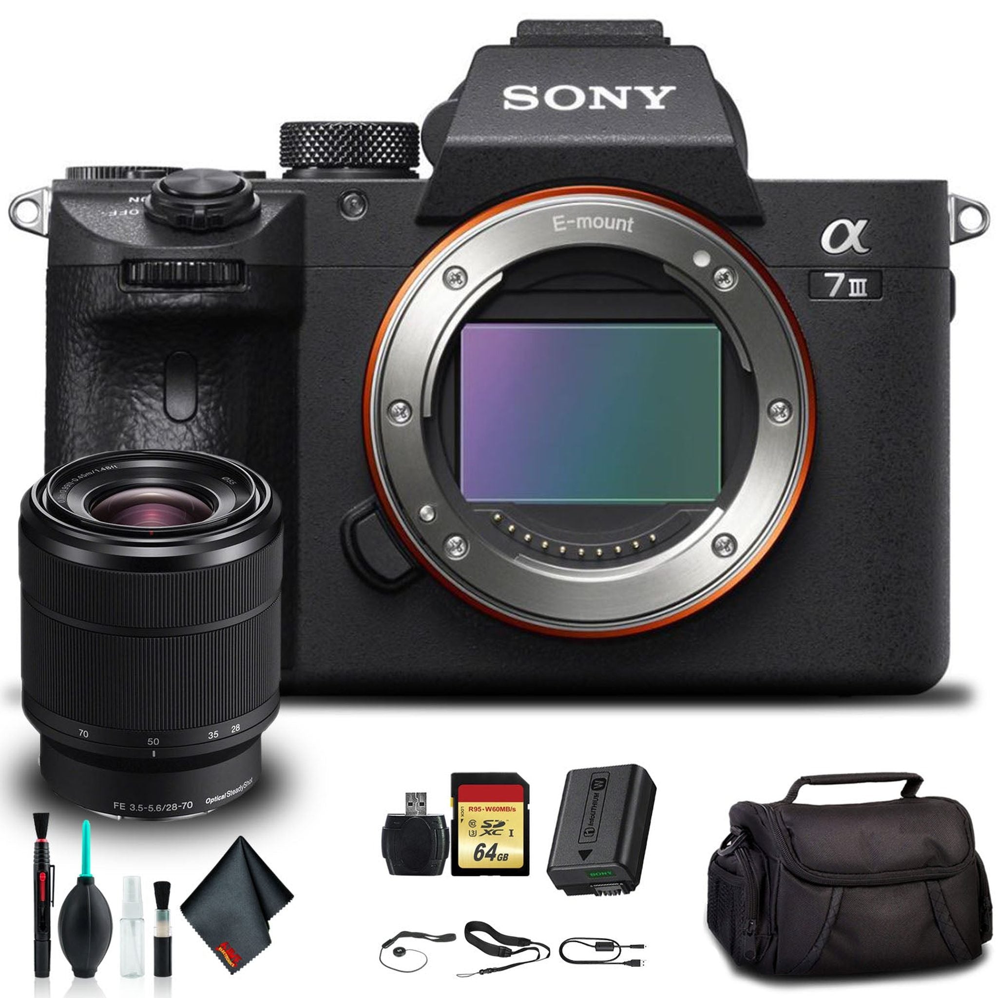 Sony Alpha a7 III Mirrorless Camera with 28-70mm Lens ILCE7M3K/B With Soft Bag, 64GB Memory Card, Card Reader , Plus Essential Accessories Sony