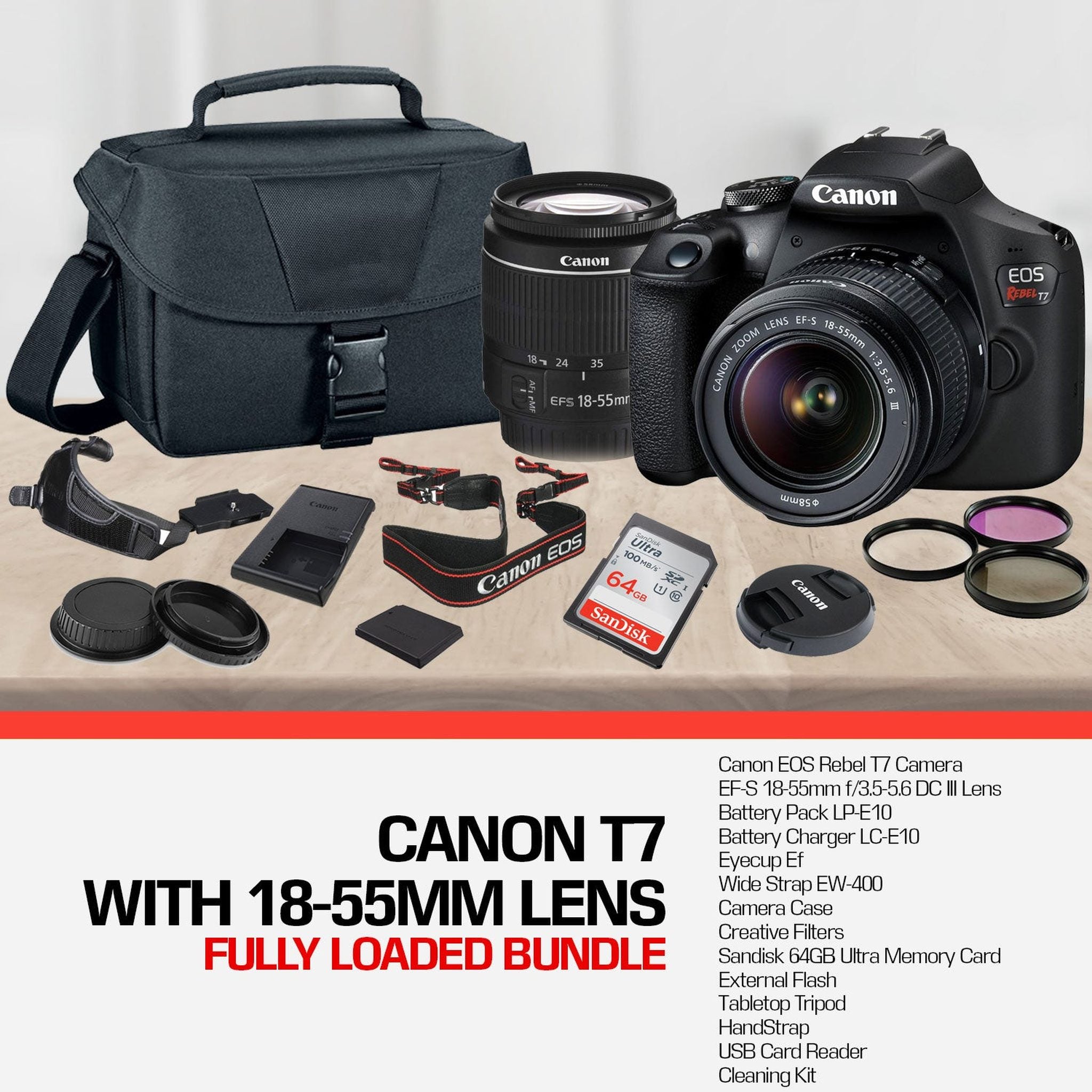 Canon Rebel T7 DSLR Camera with 18-55mm DC III Lens and 64GB Ultra Speed Memory Card, Case, Cleaning Kit, Flash Bundle Canon