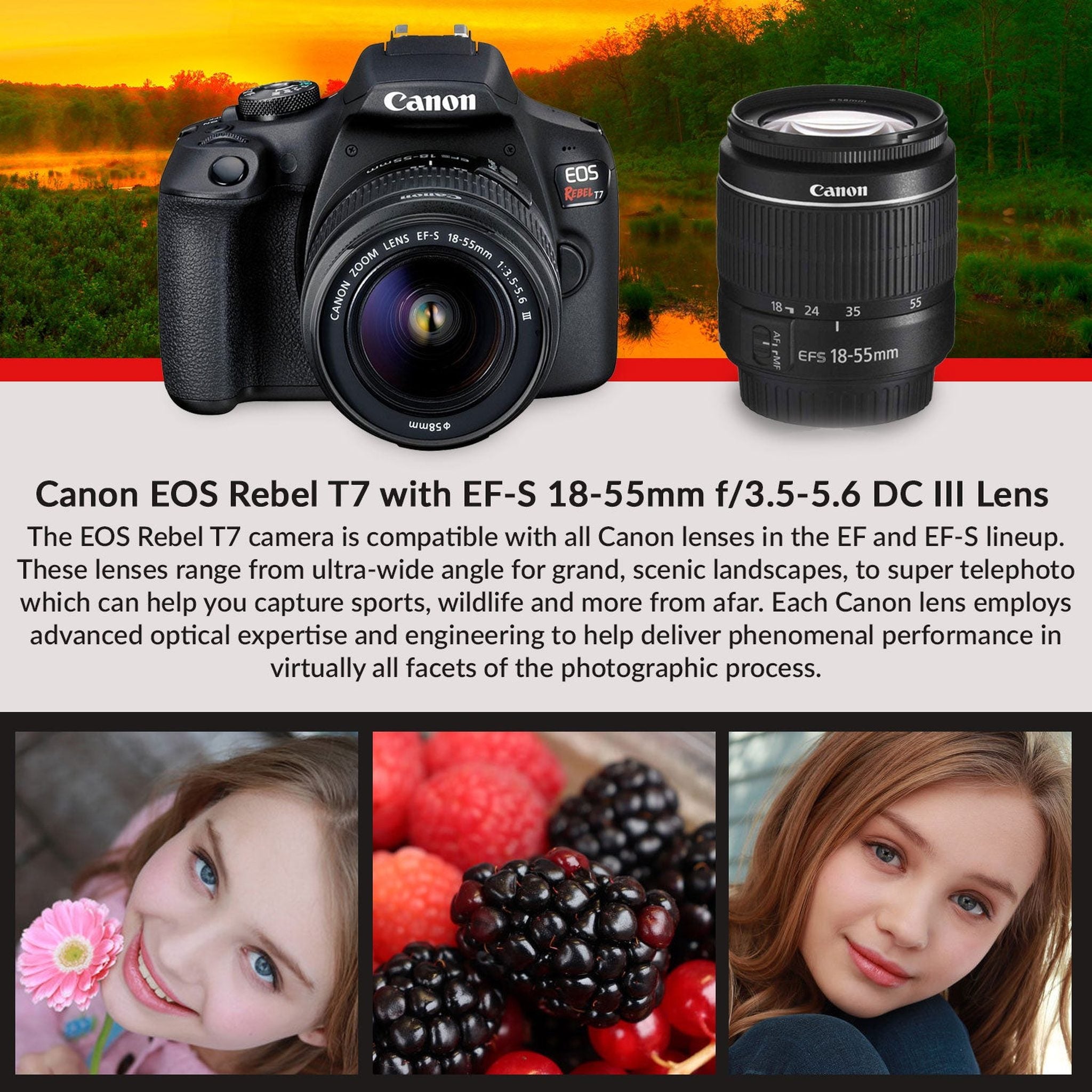 Canon Rebel T7 DSLR Camera with 18-55mm DC III Lens and 64GB Ultra Speed Memory Card, Case, Cleaning Kit, Flash Bundle Canon