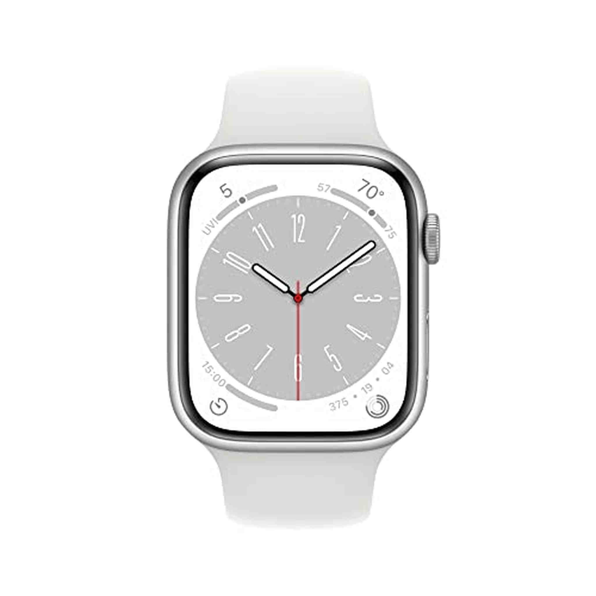 Apple Watch Series 8 [GPS + Cellular 45mm] Smart Watch w/ Silver Aluminum Case with White Sport Band - S/M.