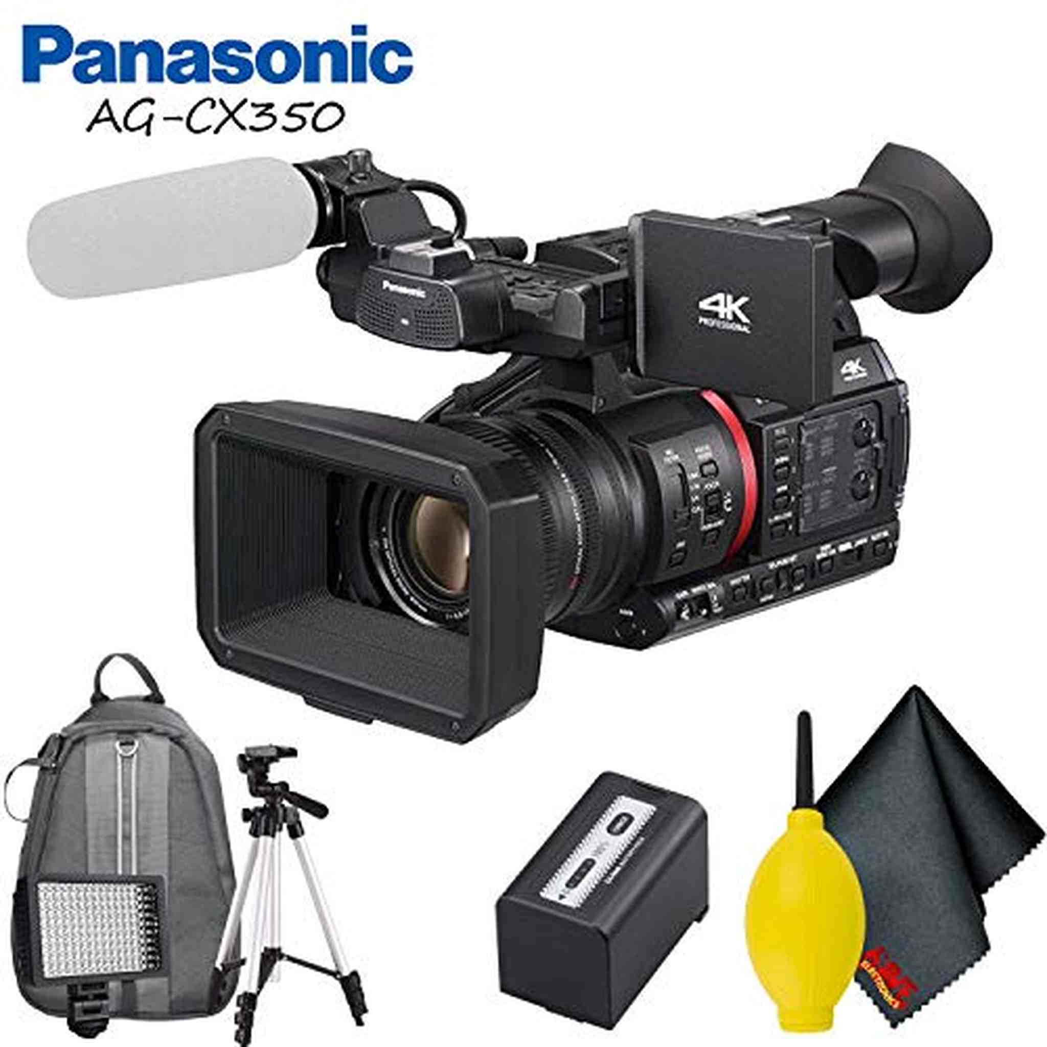 Panasonic AG-CX350 4K Camcorder Accessory Bundle with Cleaning Kit, Backpack, Tripod, and LED Light Panasonic