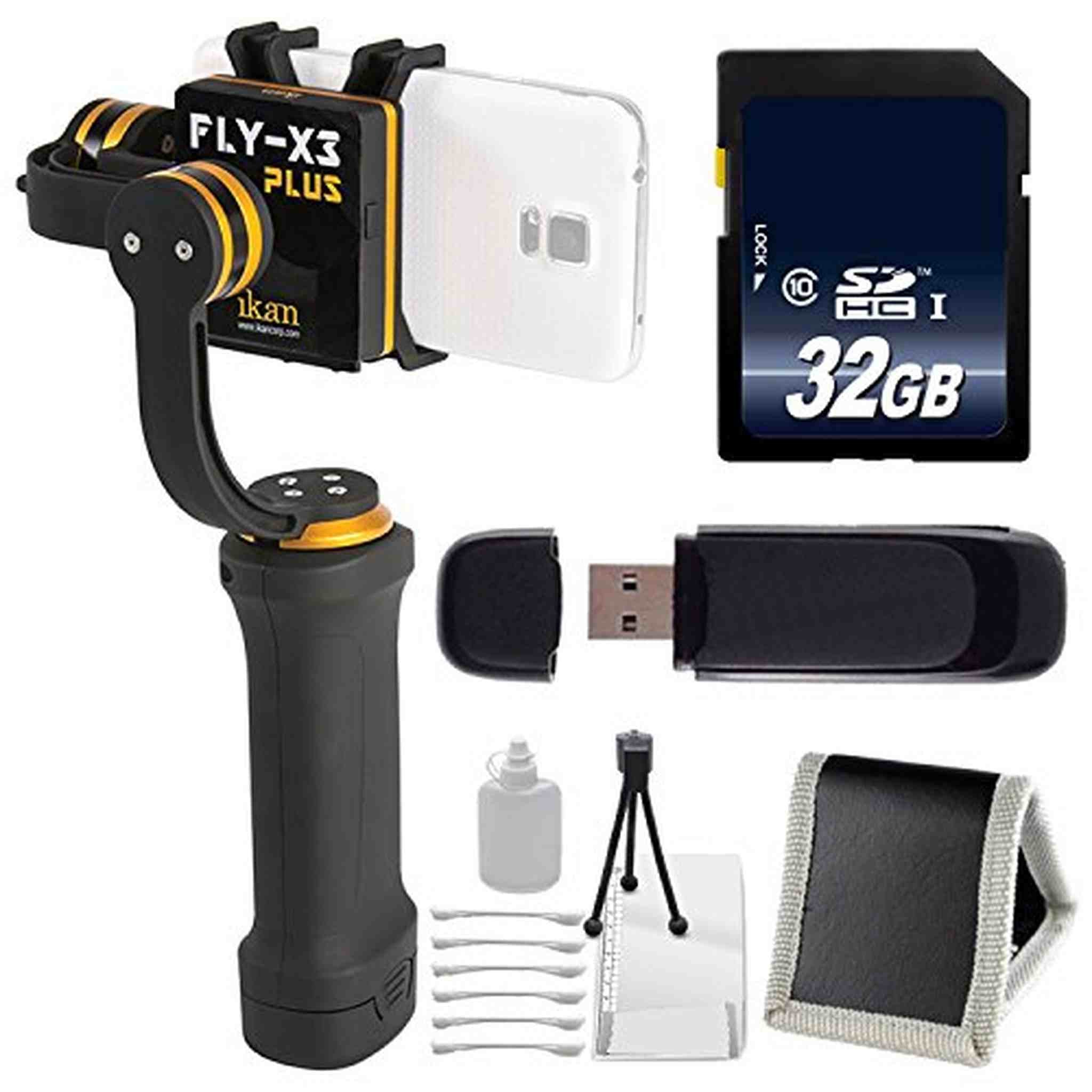 ikan FLY-X3-Plus 3-Axis Smartphone Gimbal Stabilizer with GoPro Mount + 32GB Memory Card + Deluxe Starter Kit Bundle ikan