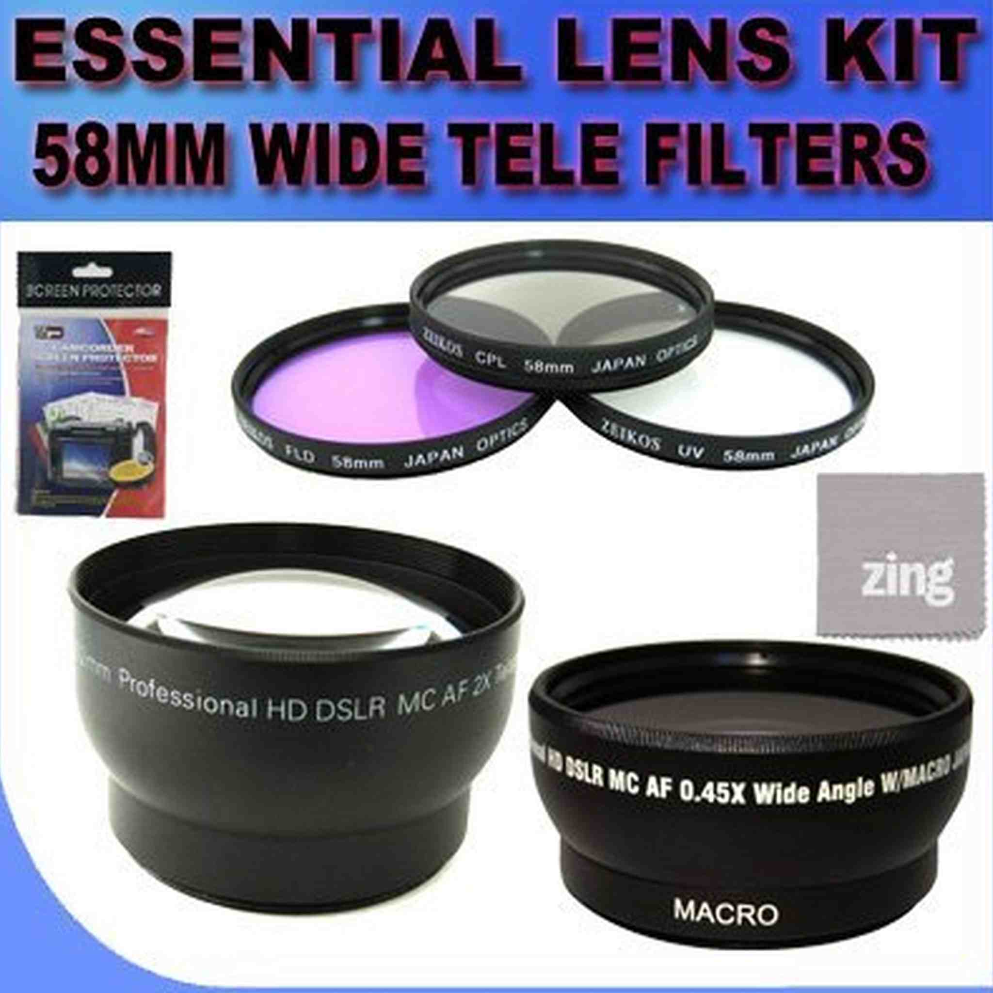 Essential Camera & Camcorder Starter kit, 58MM 0.45X High Definition Super Wide Angle Lens w/ Macro , 58MM 2X Telephoto High Definition Lens , 58MM Multi-Coated 3 Piece Filter Kit And More BVI