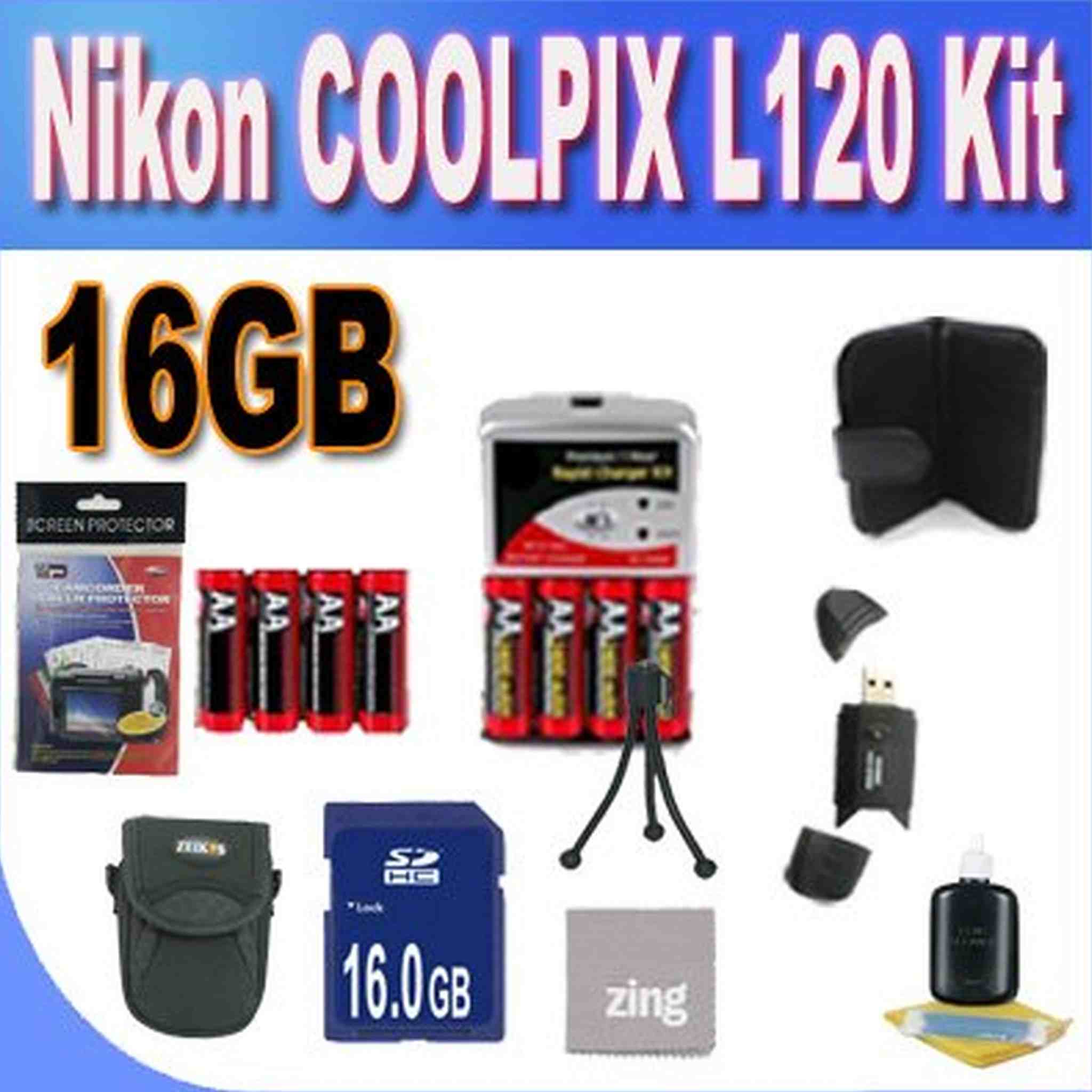 Nikon COOLPIX L120 16GB Accessory Saver Kit 16GB SDHC Memory Card+2 Sets of 4 NIMH Rechargeable AA Batteries+ Rapid Battery Charger + Memory Card Wallet+ Accessory Kit Nikon