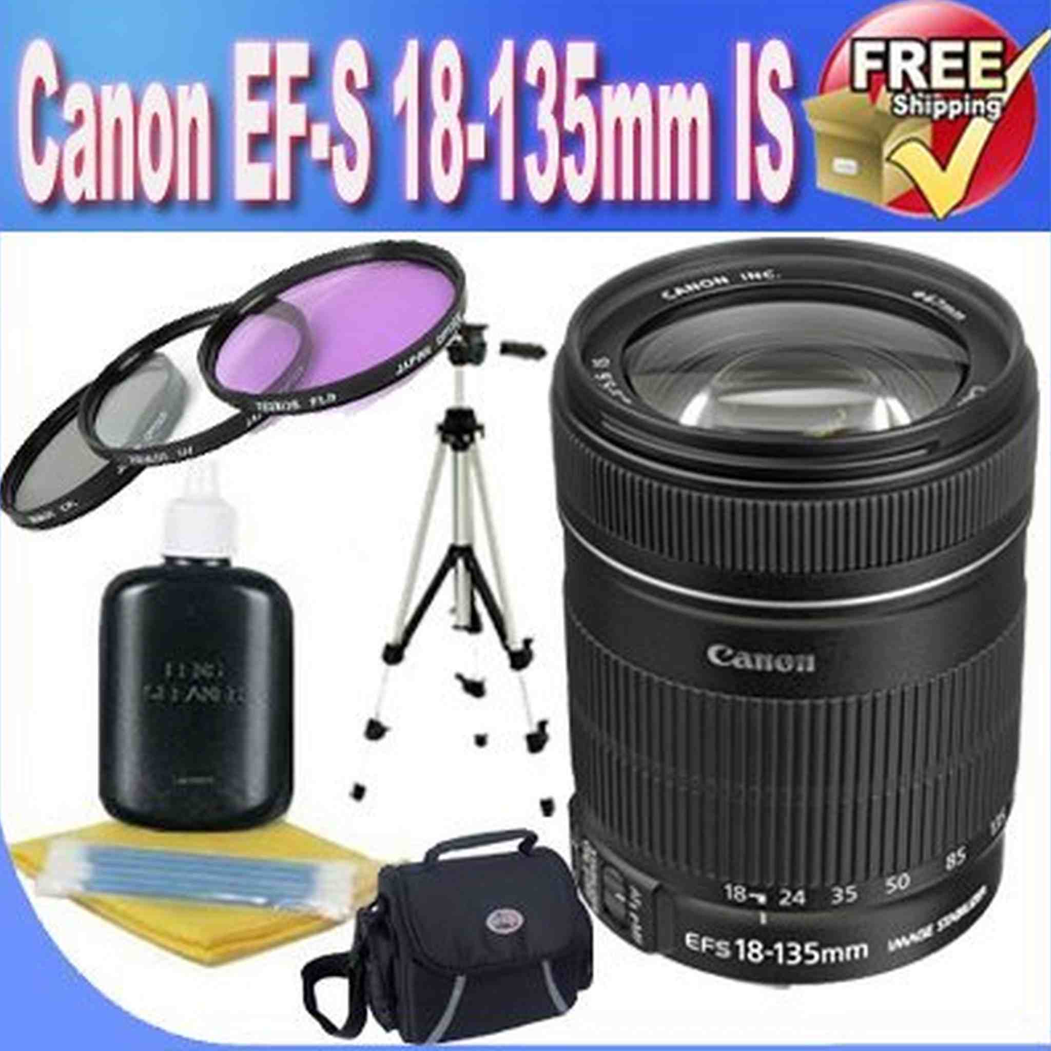 Canon EF-S 18-135mm f/3.5-5.6 IS Standard Zoom Lens for Canon Digital SLR Cameras + 67mm 3 Piece Professional Filter Kit + Professional Full Size Tripod + Shock Proof Deluxe SLR Case + Lens & Camera C Canon