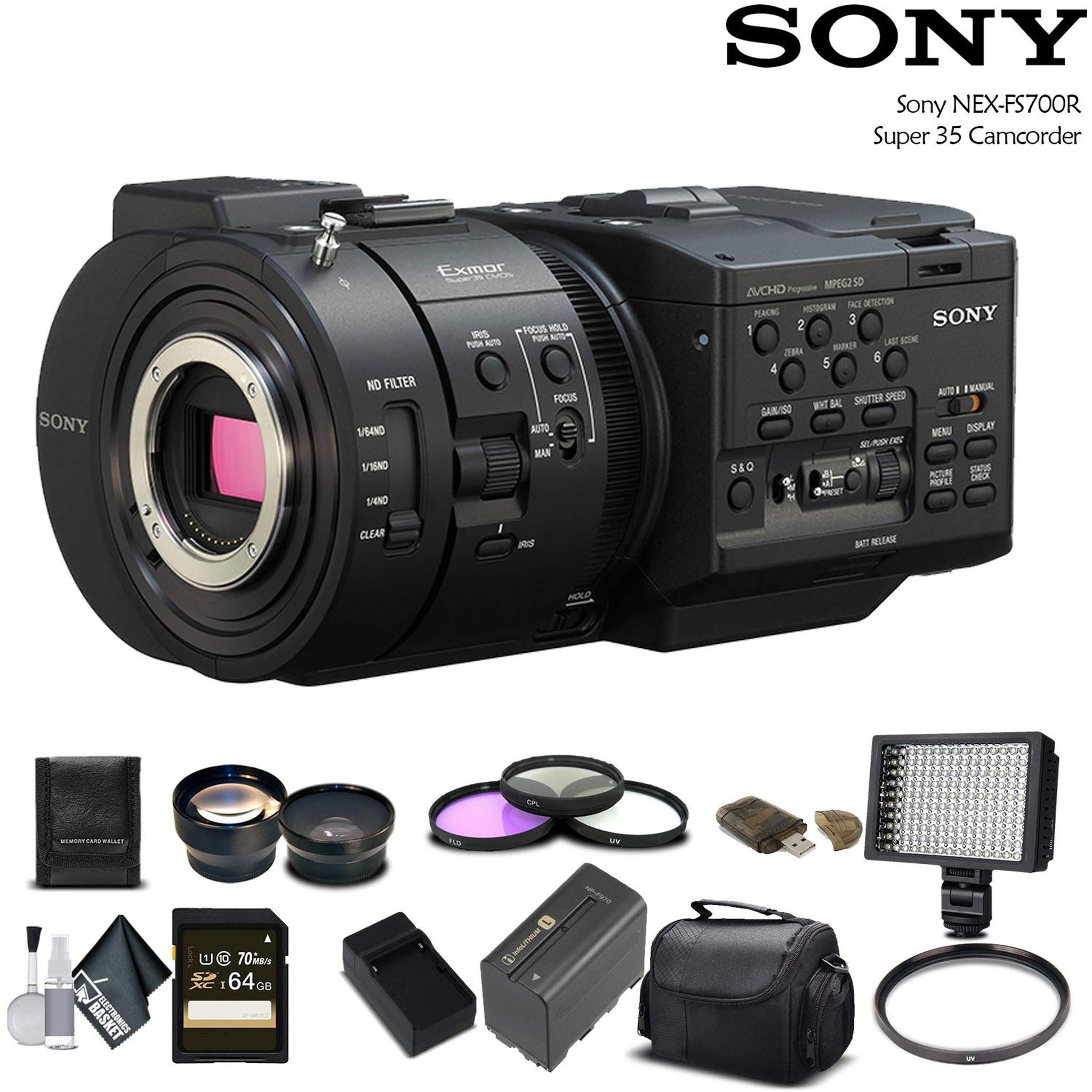 Sony NEX-FS700R Super 35 Camcorder Intl Model With 64GB Memory Card, Extra Battery and Charger, UV Filter, LED Light, Case, Telephoto Lens Bundle Sony