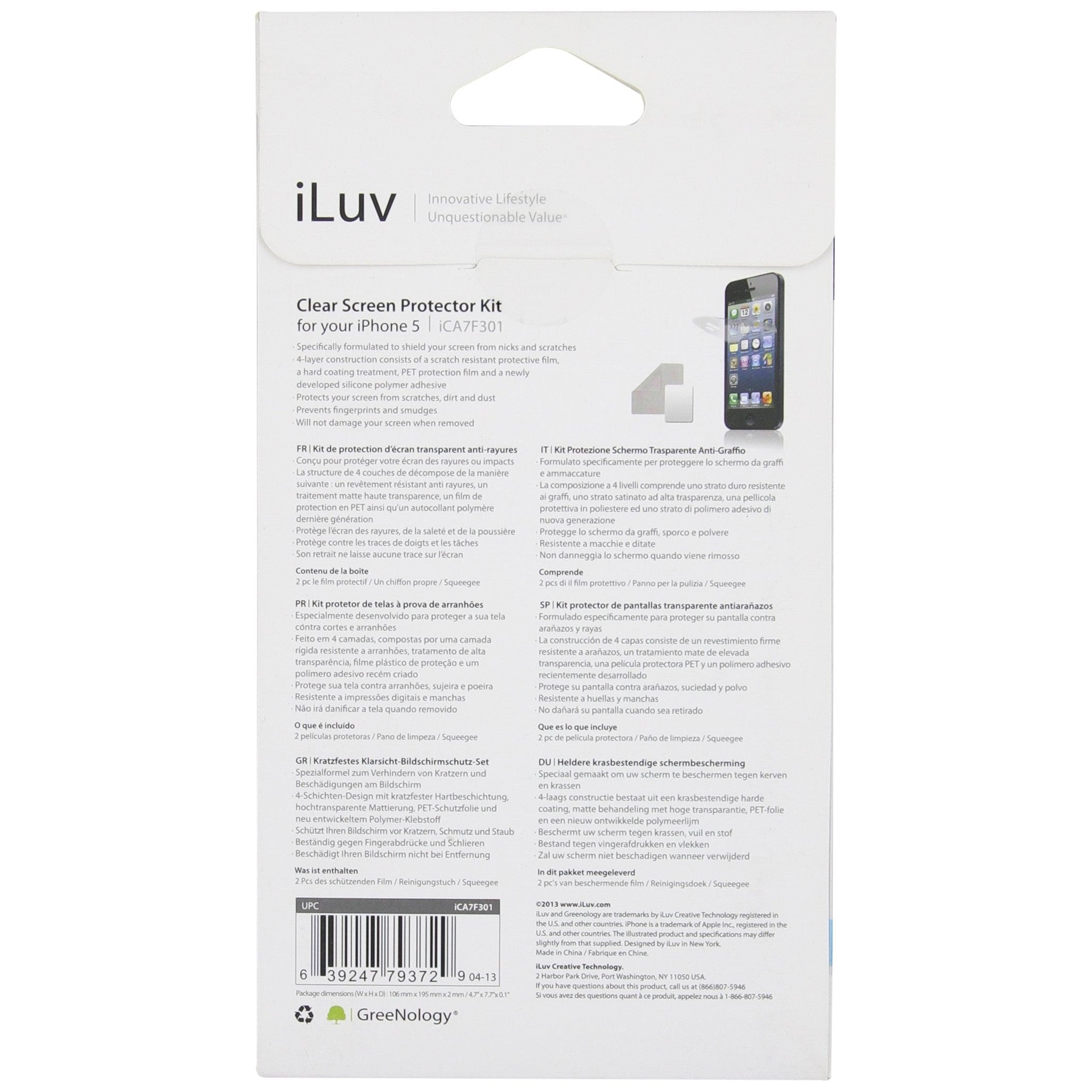 iLuv ICA7F301 Clear Protective Film Kit for iPhone 5 and iPhone 5S - 1 Pack - Screen Protectors - Retail Packaging - Cle iLuv