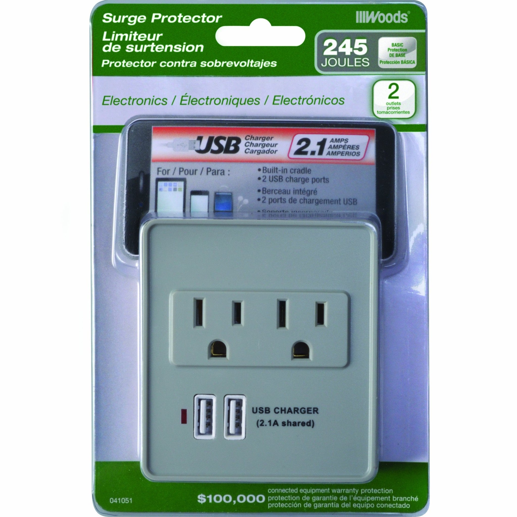 Woods 410517821 2 Outlet 2 USB Wall Tap Surge Protector Woods