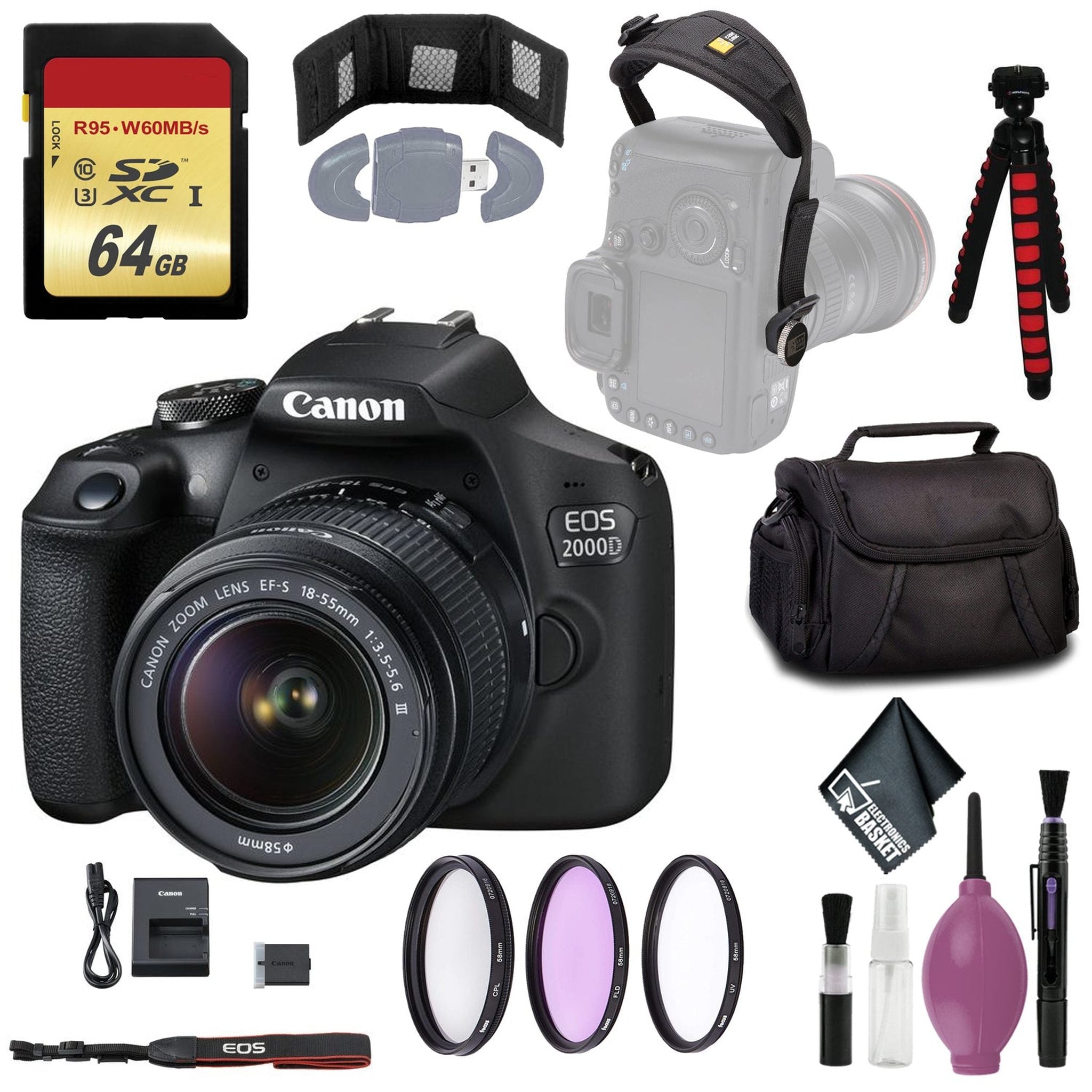 Canon EOS 2000D DSLR Camera & EF-S 18-55 mm f/3.5-5.6 IS II Lens: Black - Reader & Card Wallet - Hand Strap - 64GB - SOFT CASE Canon