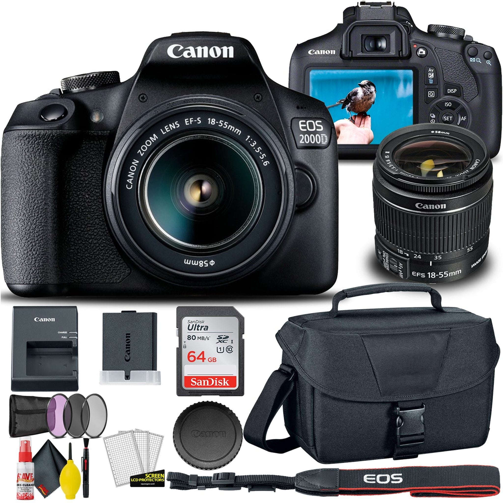 Canon EOS 2000D / Rebel T7 DSLR Camera + 18-55mm Lens, 58mm Filters Pro Bundle Canon