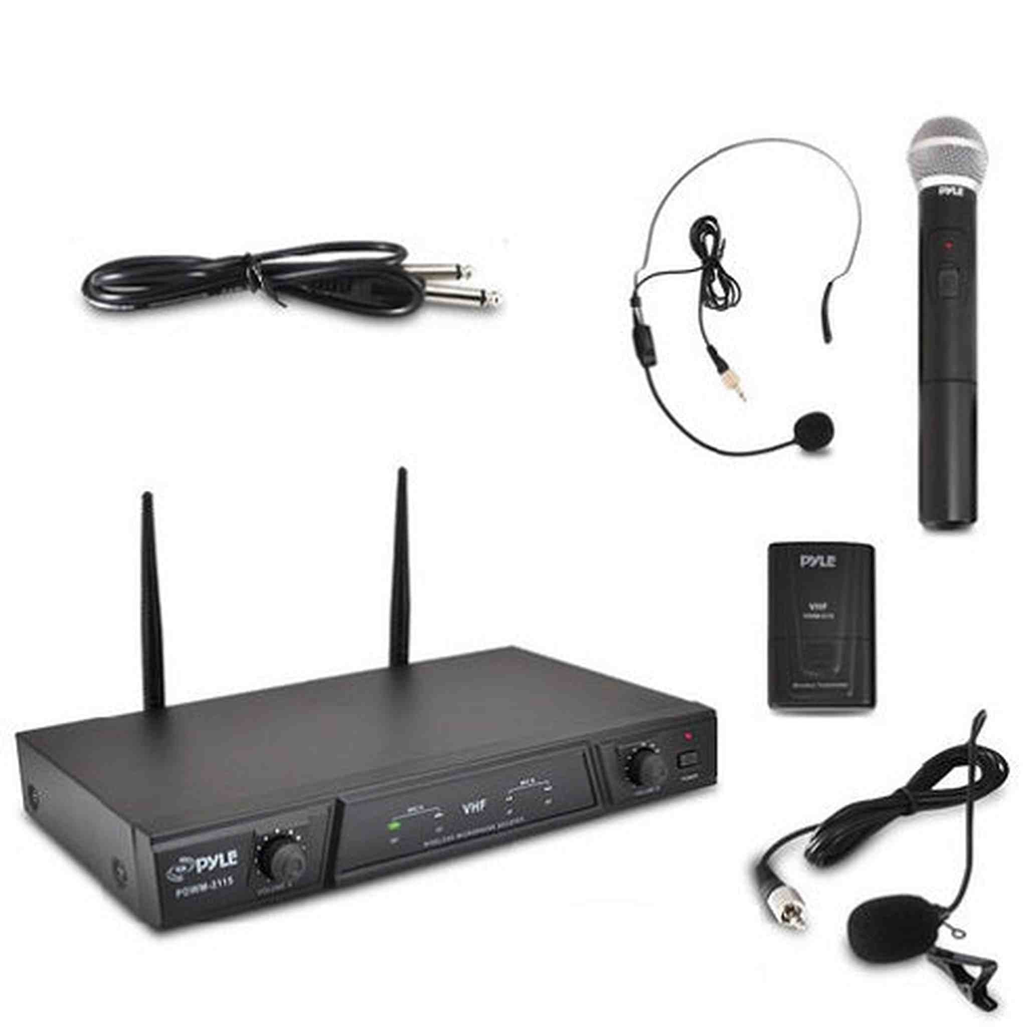 Dual Channel Wireless Microphone System - Portable VHF Audio Mic Set with Clip Lavalier lapel, Handheld, Headset, Transmitter, ¼’’ cable, power adapter - For Karaoke, PA DJ - Pyle Pro PDWM2115 Pyle