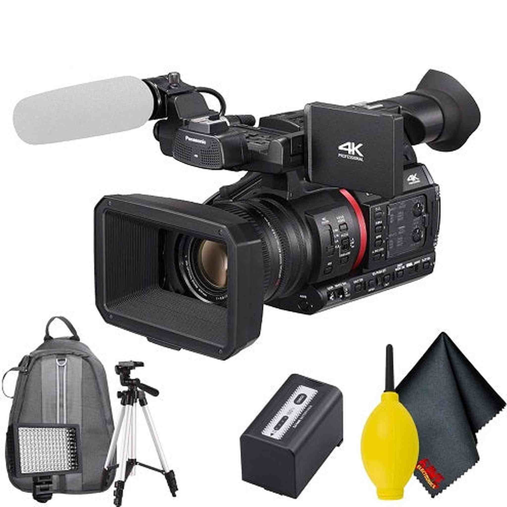 Panasonic AG-CX350 4K Camcorder Accessory Bundle with Cleaning Kit, Backpack, Tripod, and LED Light Panasonic