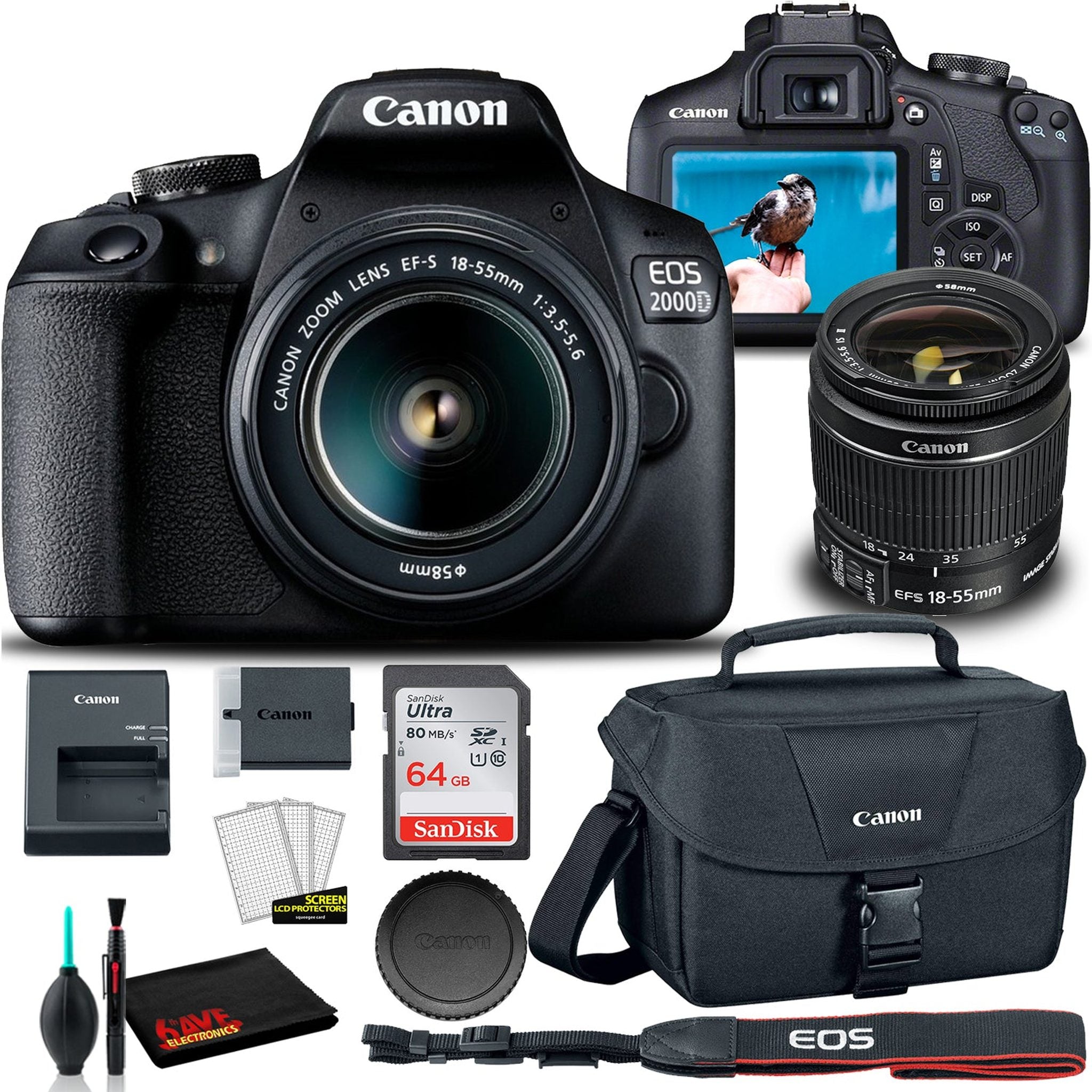 Canon EOS 2000D DSLR Camera with 18-55mm Lens + EOS Bag + Sandisk Ultra 64GB Card International Model Canon