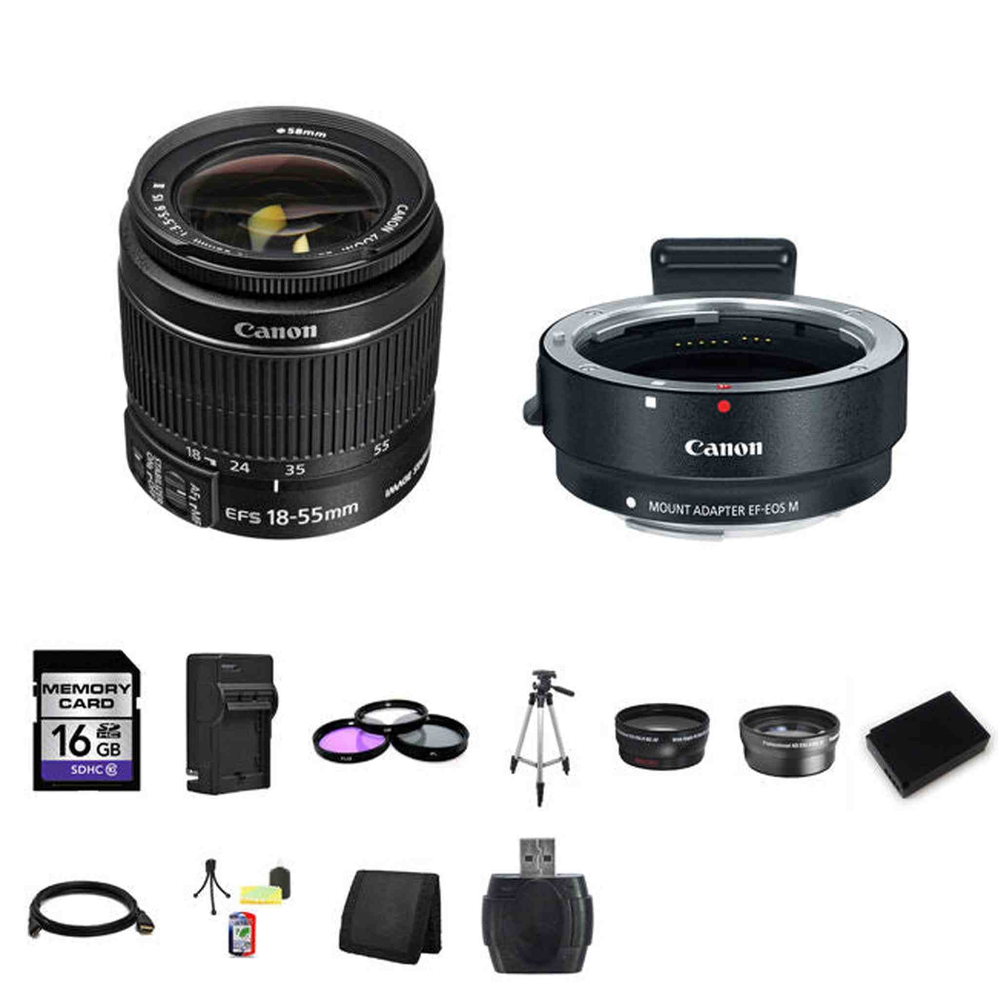 Canon EF-S 18-55mm Lens w/EF-M Adapter For EF/EF-S Lenses 16GB Starter Bundle Canon