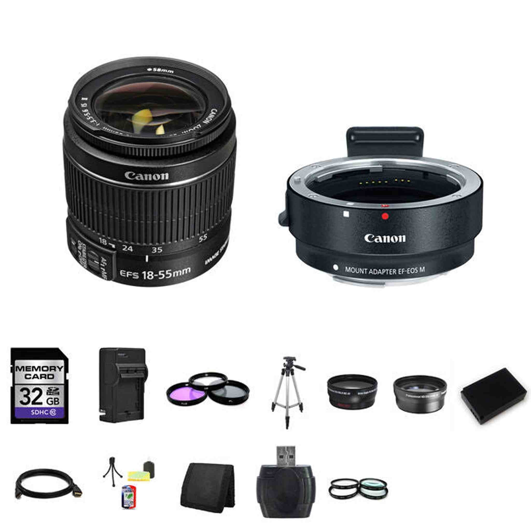 Canon EF-S 18-55mm Lens w/EF-M Adapter For EF/EF-S Lenses 32GB Pro Bundle Canon