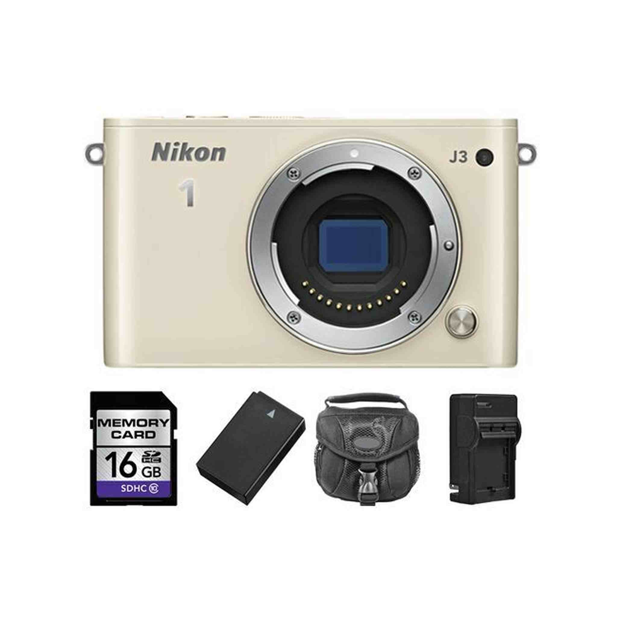 Nikon 1 J3 Mirrorless Digital Camera - Beige + 2 Batteries, 16GB Base Bundle Nikon