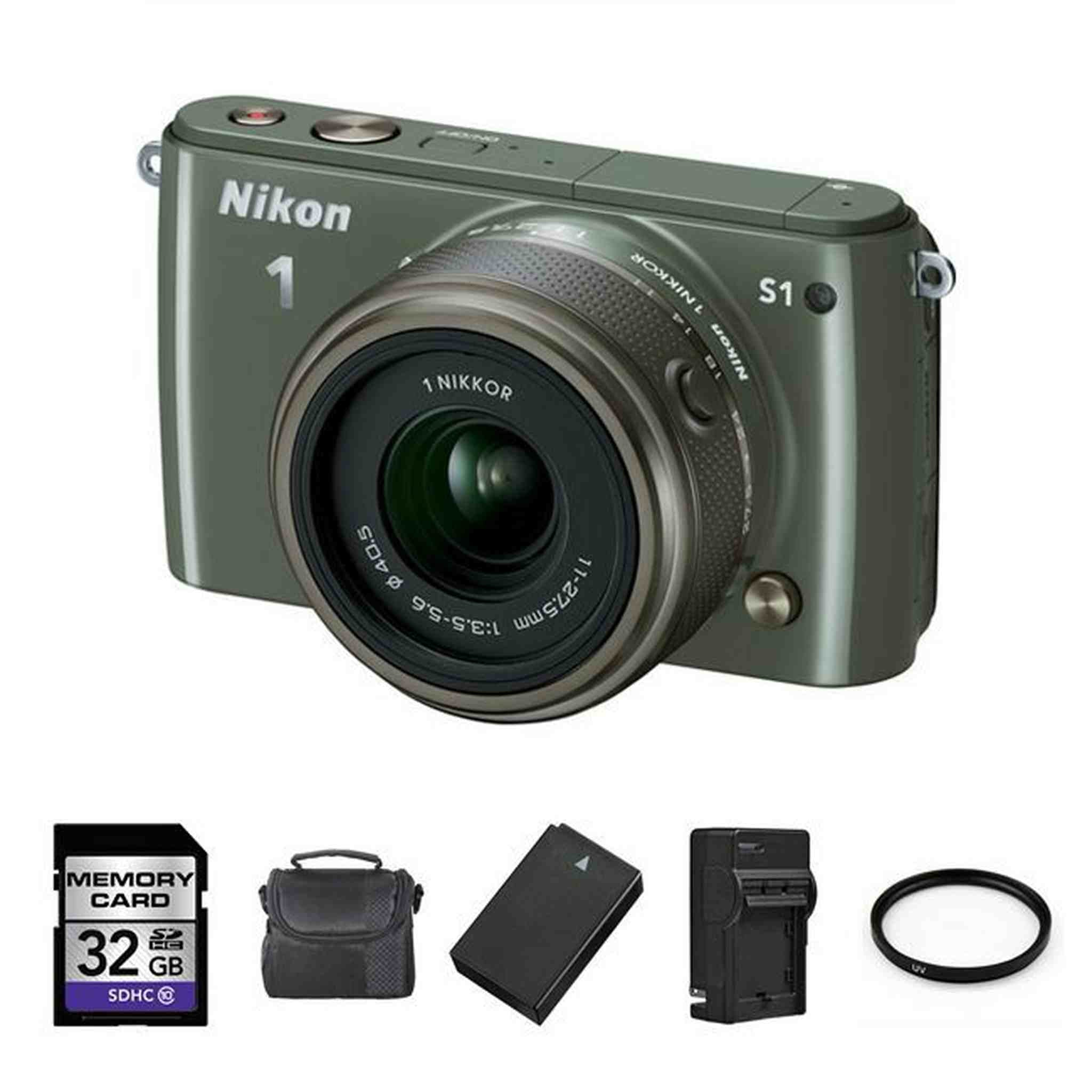 Nikon 1 S1 10.1 MP Digital Camera - Khaki w/ 11-27.5mm Lens + Battery Base Bundle Nikon