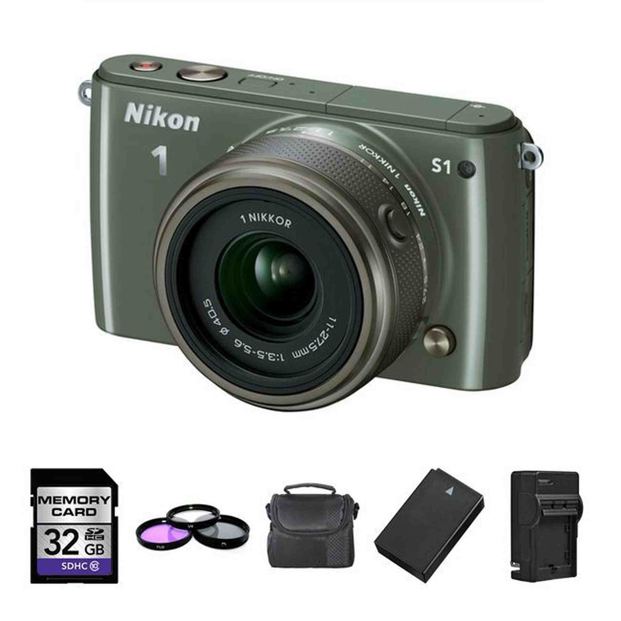 Nikon 1 S1 10.1 MP Digital Camera - Khaki w/ 11-27.5mm Lens + Battery Starter Bundle Nikon