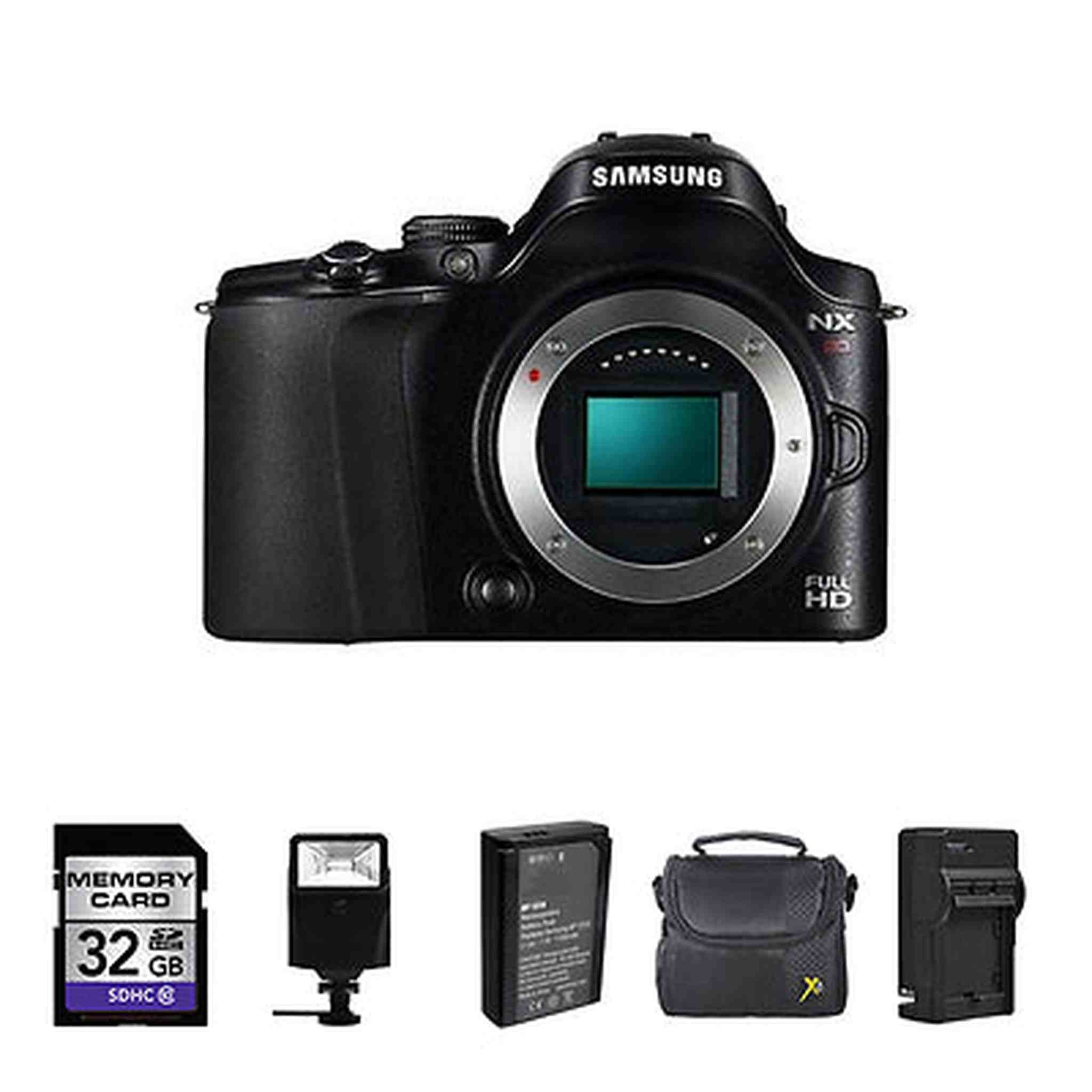 Samsung NX20 Digital Camera - Black Body + 2 Batteries, 32GB, Flash Starter Bundle Samsung